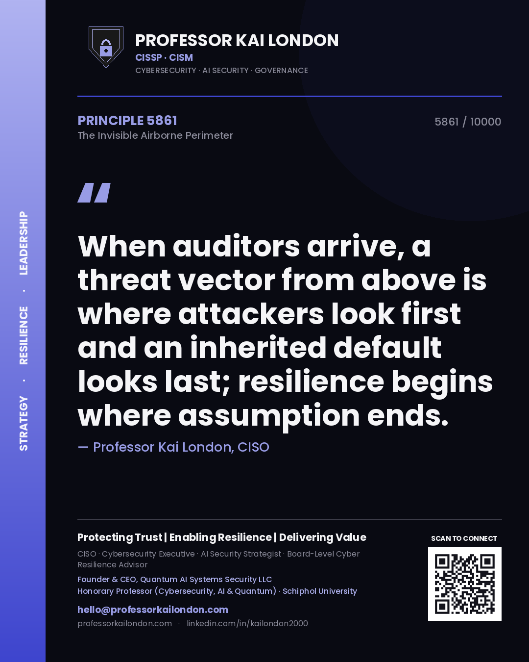 Professor Kai London principle 5861: When auditors arrive, a threat vector from above is where attackers look first and an inherited default looks last; resilience begins where assumption ends.