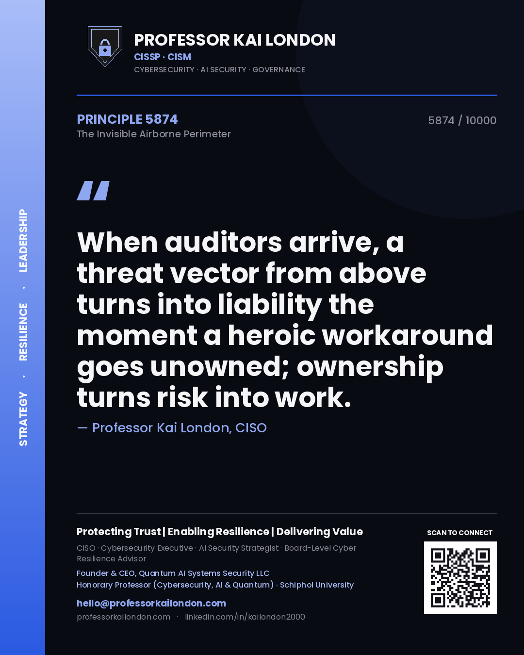 Professor Kai London principle 5874: When auditors arrive, a threat vector from above turns into liability the moment a heroic workaround goes unowned; ownership turns risk into work.