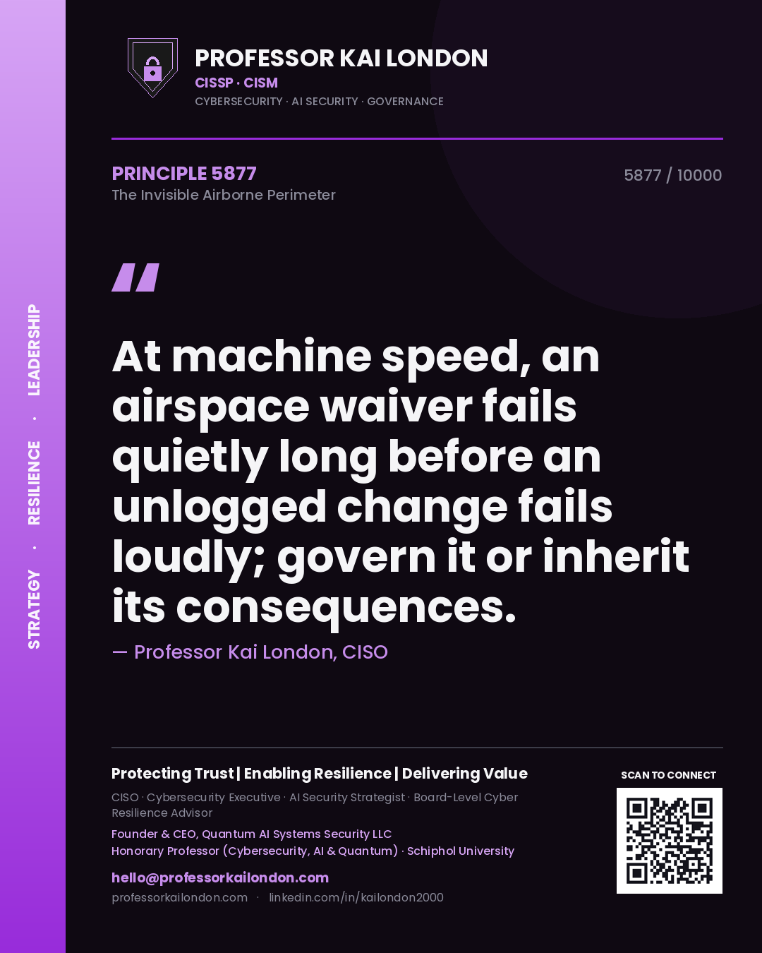 Professor Kai London principle 5877: At machine speed, an airspace waiver fails quietly long before an unlogged change fails loudly; govern it or inherit its consequences.