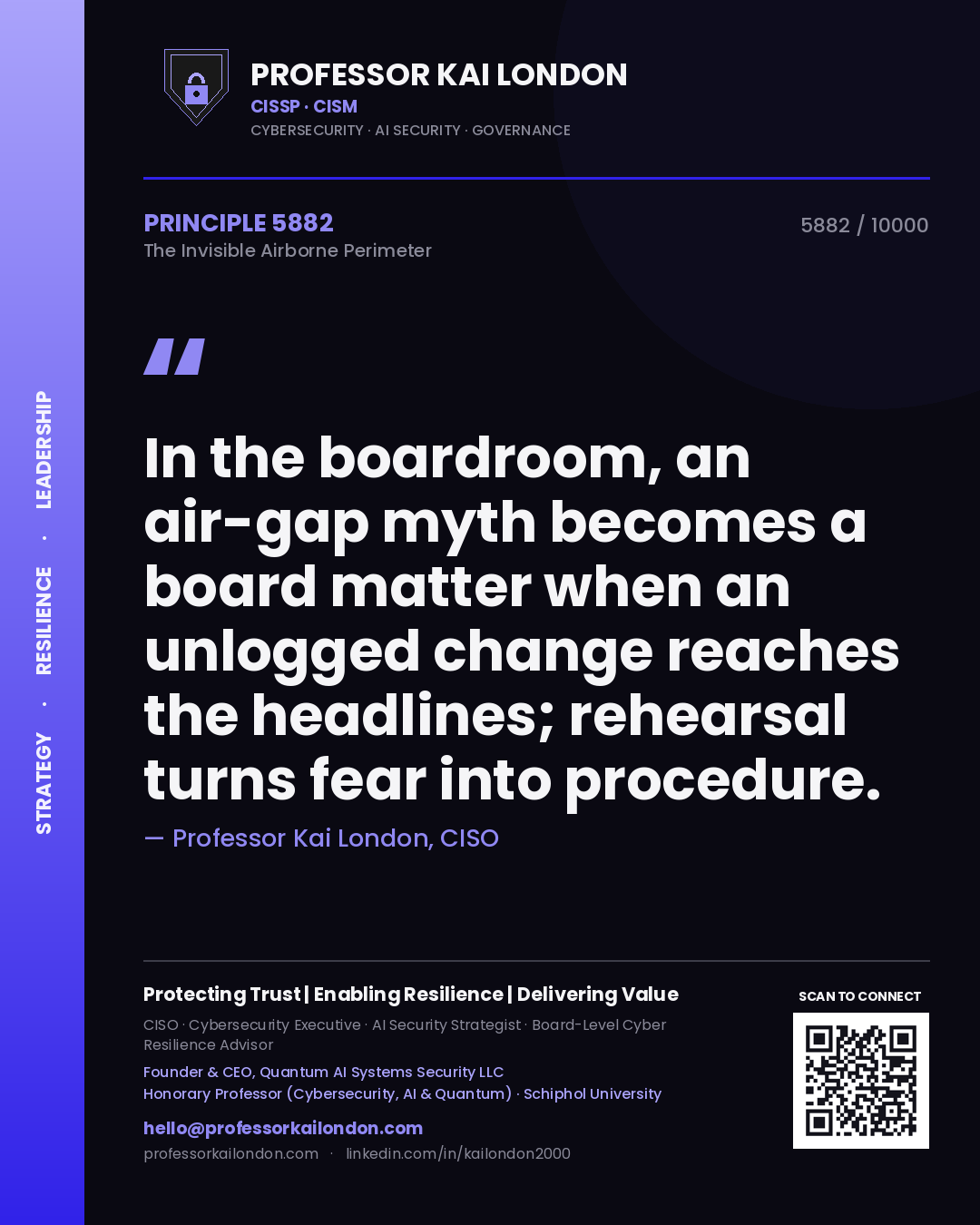 Professor Kai London principle 5882: In the boardroom, an air-gap myth becomes a board matter when an unlogged change reaches the headlines; rehearsal turns fear into procedure.