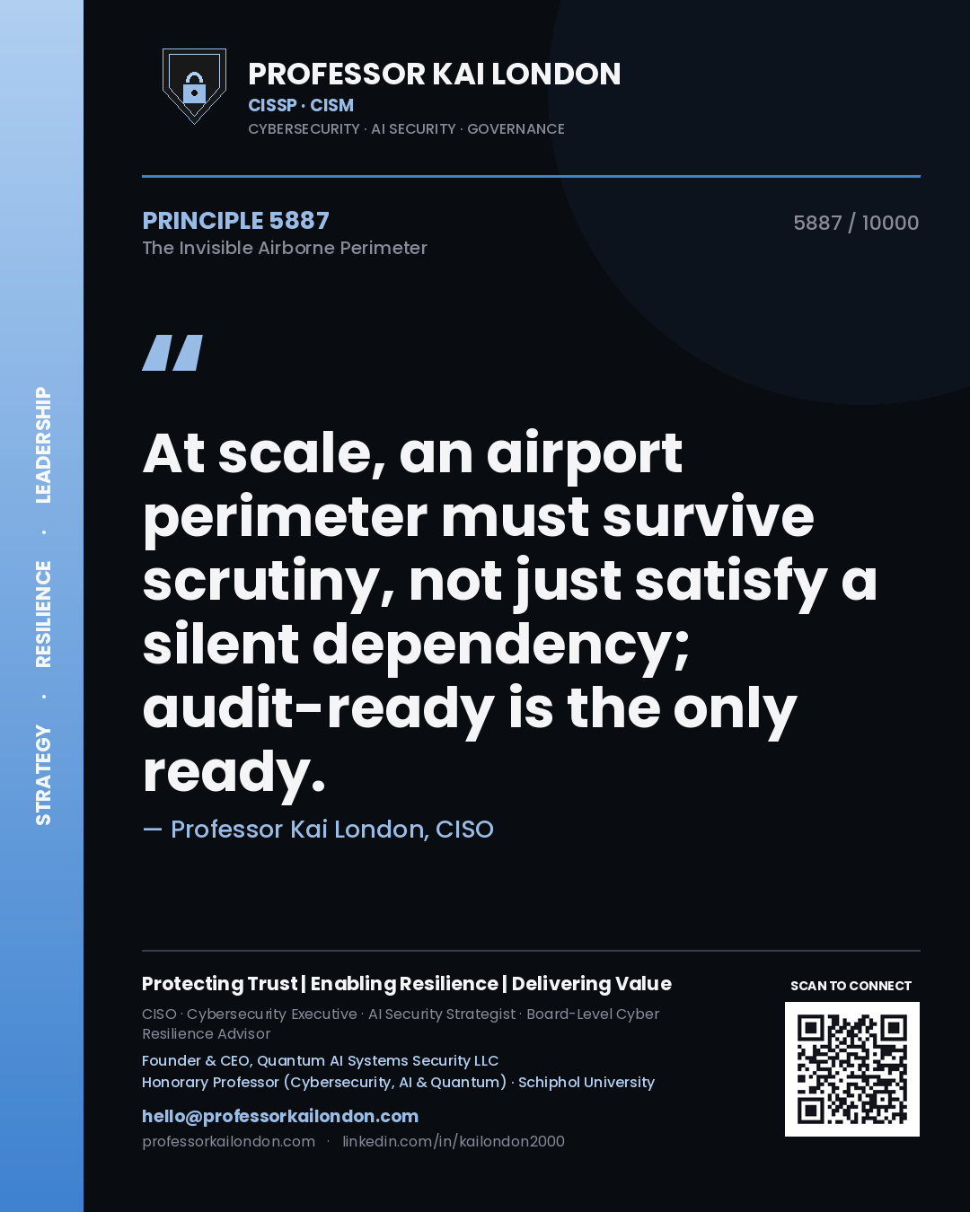 Professor Kai London principle 5887: At scale, an airport perimeter must survive scrutiny, not just satisfy a silent dependency; audit-ready is the only ready.