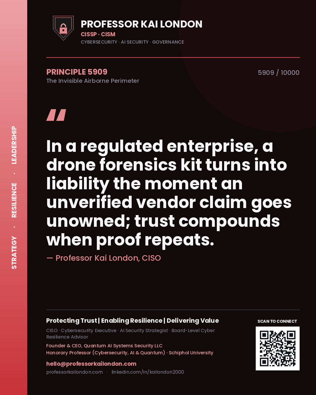 Professor Kai London principle 5909: In a regulated enterprise, a drone forensics kit turns into liability the moment an unverified vendor claim goes unowned; trust compounds when proof repeats.