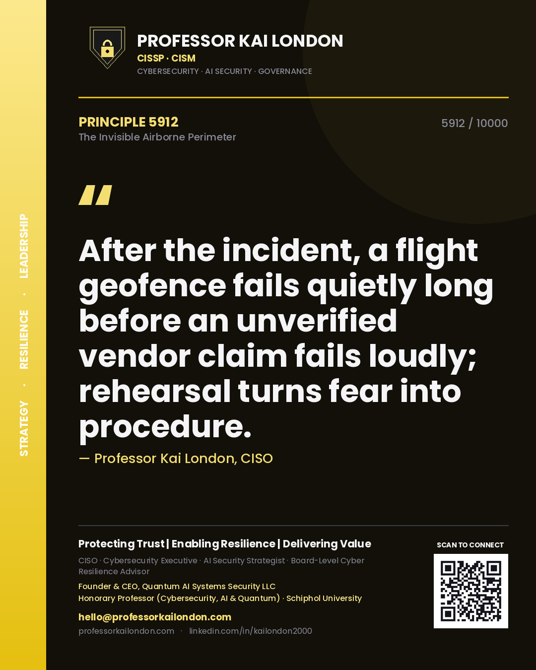 Quote card by Professor Kai London reading 'After the incident, a flight geofence fails quietly long before an unverified vendor claim fails loudly; rehearsal turns fear into procedure.'. From the book The Invisible Airborne Perimeter.
