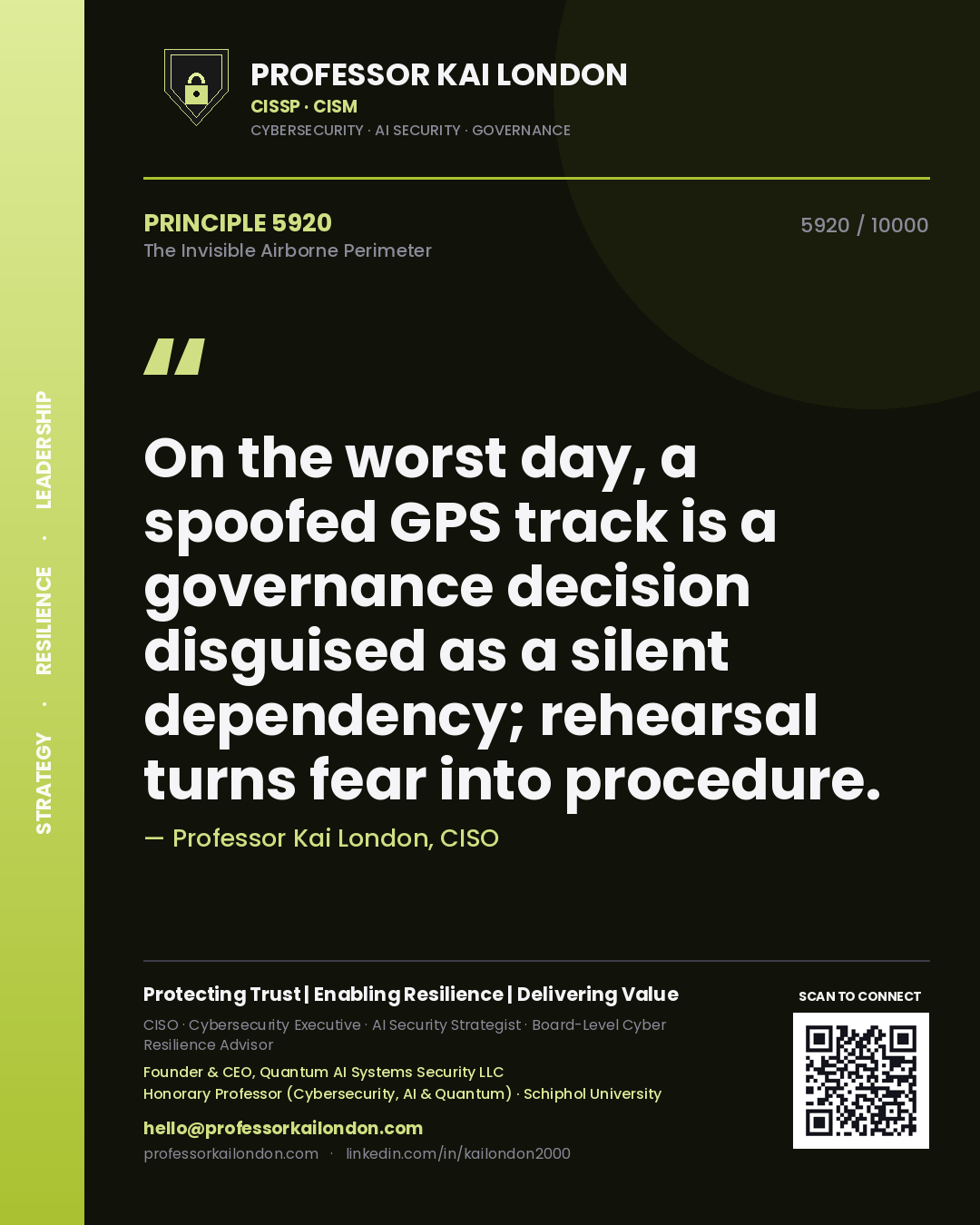 Quote card by Professor Kai London reading 'On the worst day, a spoofed GPS track is a governance decision disguised as a silent dependency; rehearsal turns fear into procedure.'. From the book The Invisible Airborne Perimeter.