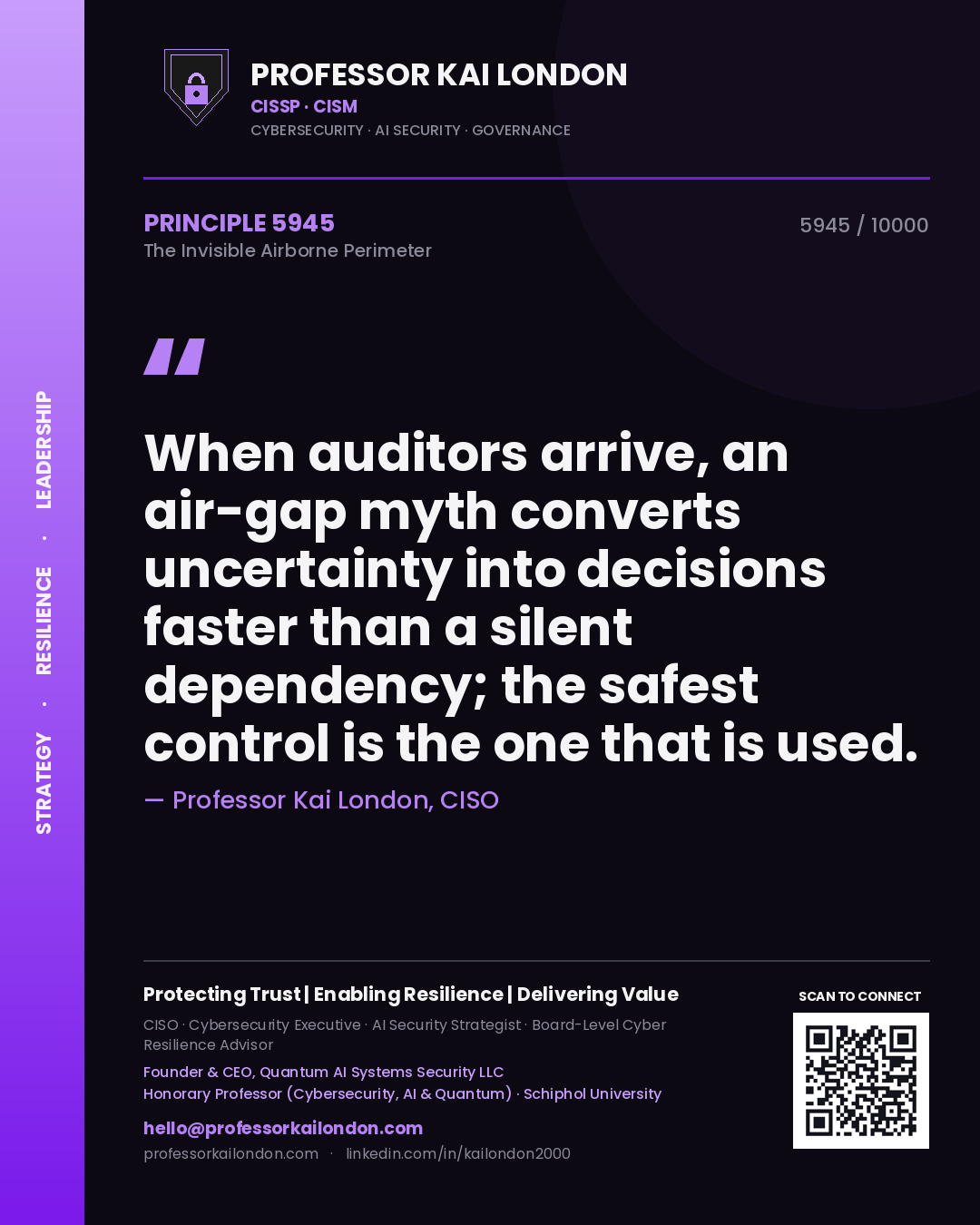 Quote card by Professor Kai London reading 'When auditors arrive, an air-gap myth converts uncertainty into decisions faster than a silent dependency; the safest control is the one that is used.'. From the book The Invisible Airborne Perimeter.