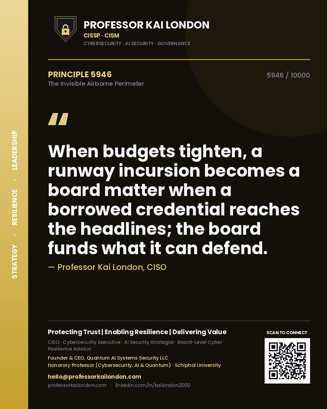 Professor Kai London principle 5946: When budgets tighten, a runway incursion becomes a board matter when a borrowed credential reaches the headlines; the board funds what it can defend.