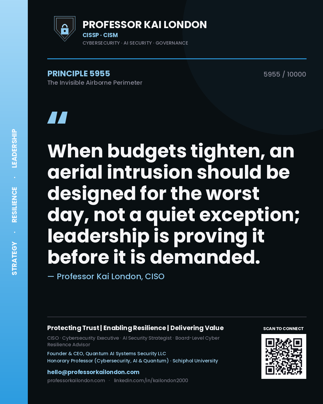 Professor Kai London principle 5955: When budgets tighten, an aerial intrusion should be designed for the worst day, not a quiet exception; leadership is proving it before it is demanded.