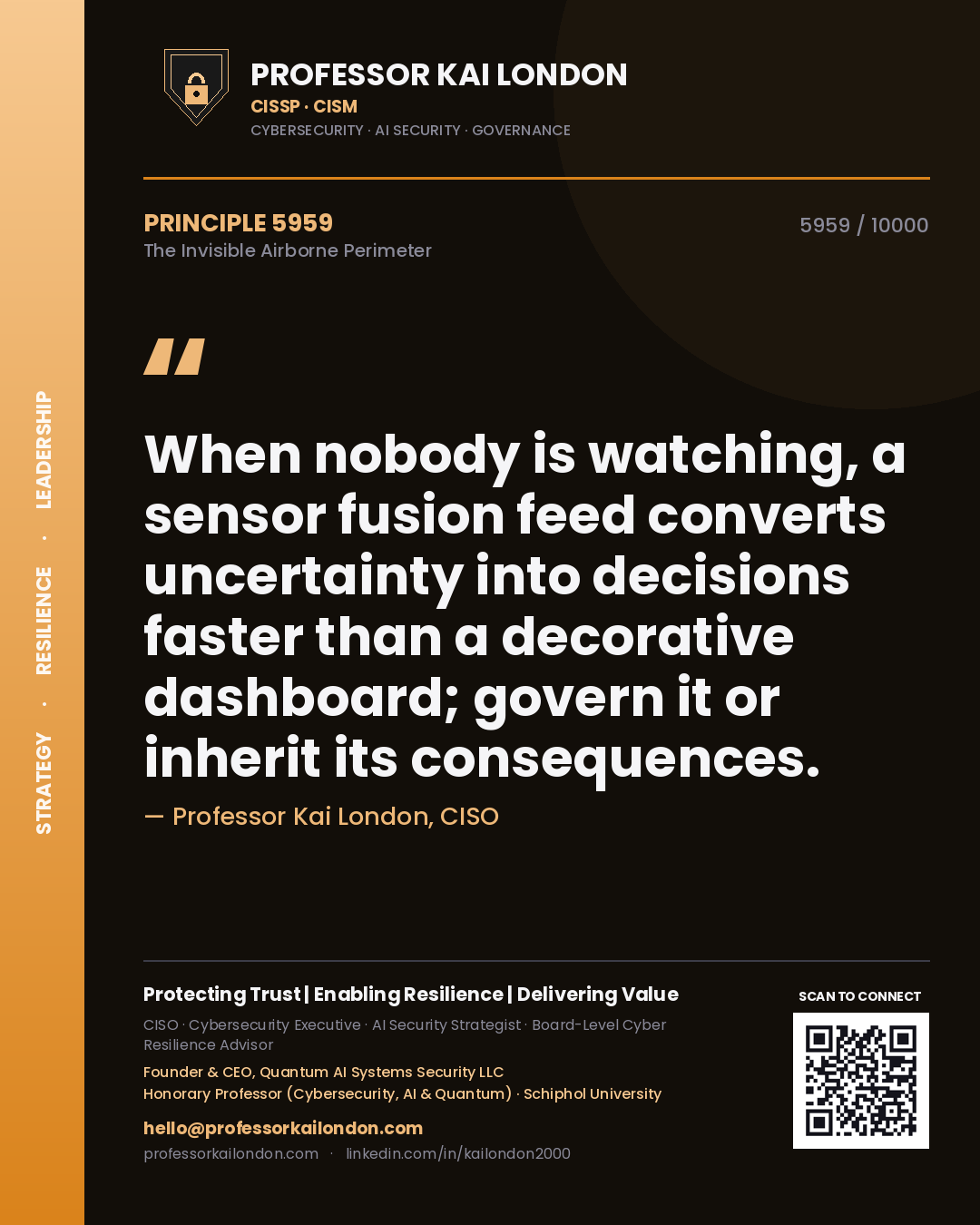Quote card by Professor Kai London reading 'When nobody is watching, a sensor fusion feed converts uncertainty into decisions faster than a decorative dashboard; govern it or inherit its consequences.'. From the book The Invisible Airborne Perimeter.