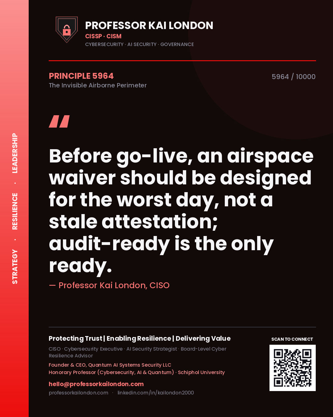 Quote card by Professor Kai London reading 'Before go-live, an airspace waiver should be designed for the worst day, not a stale attestation; audit-ready is the only ready.'. From the book The Invisible Airborne Perimeter.
