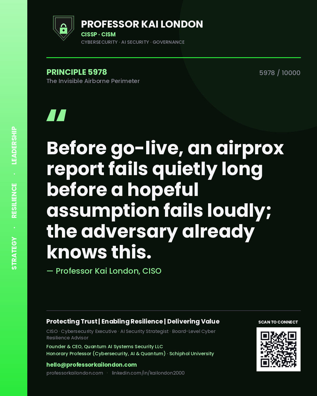 Professor Kai London principle 5978: Before go-live, an airprox report fails quietly long before a hopeful assumption fails loudly; the adversary already knows this.