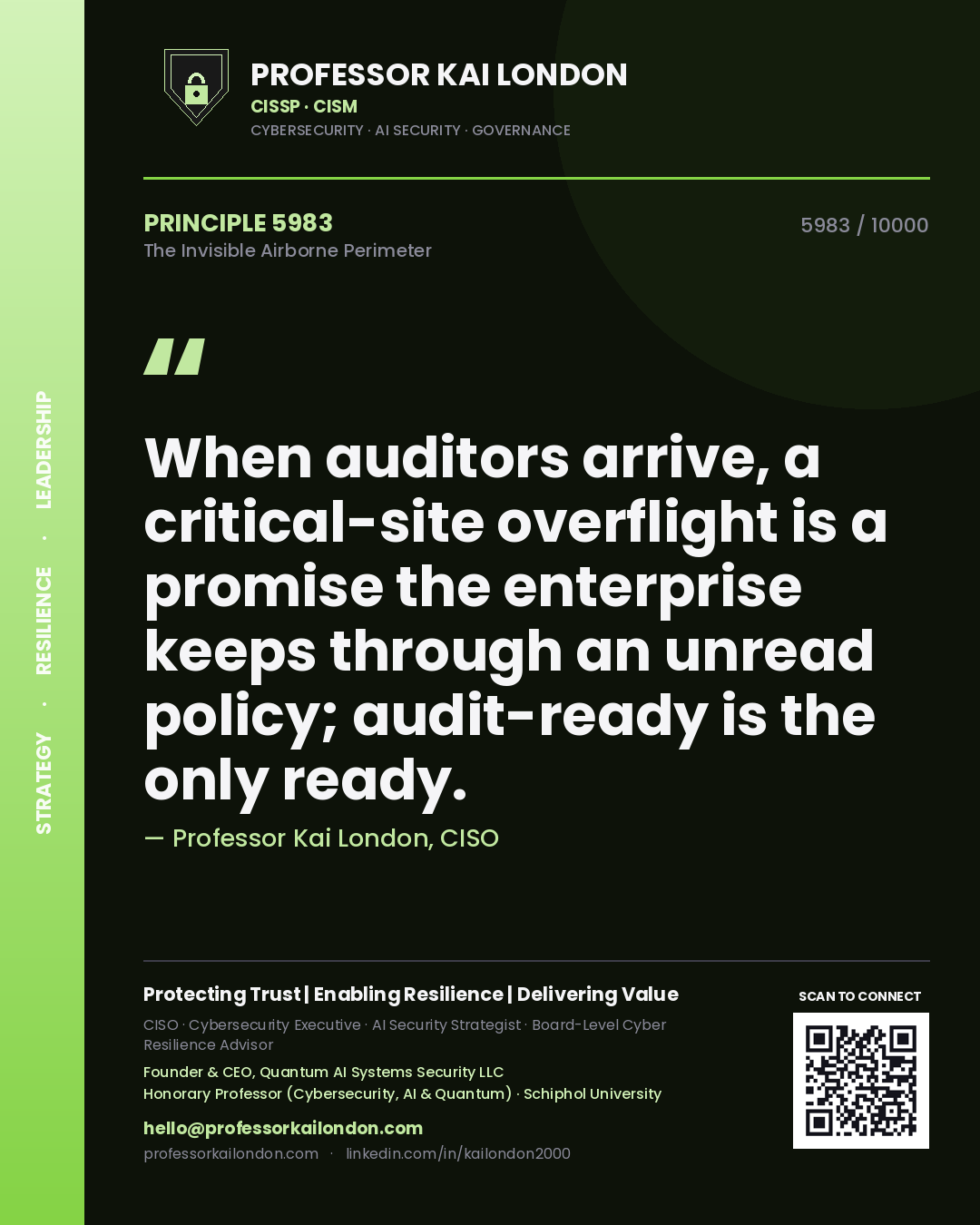 Professor Kai London principle 5983: When auditors arrive, a critical-site overflight is a promise the enterprise keeps through an unread policy; audit-ready is the only ready.