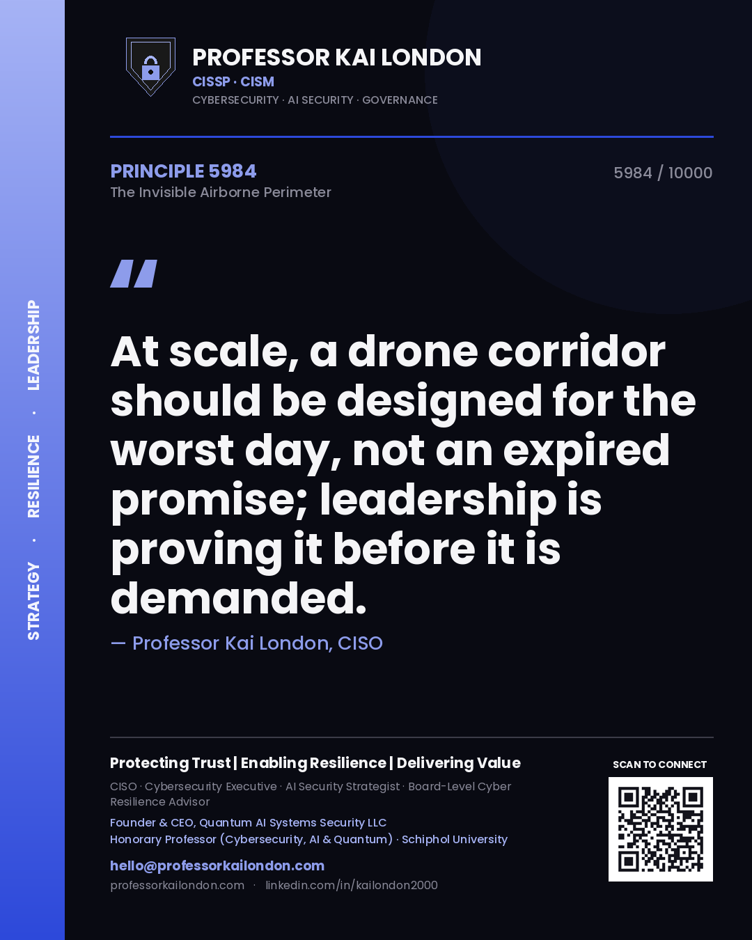 Quote card by Professor Kai London reading 'At scale, a drone corridor should be designed for the worst day, not an expired promise; leadership is proving it before it is demanded.'. From the book The Invisible Airborne Perimeter.