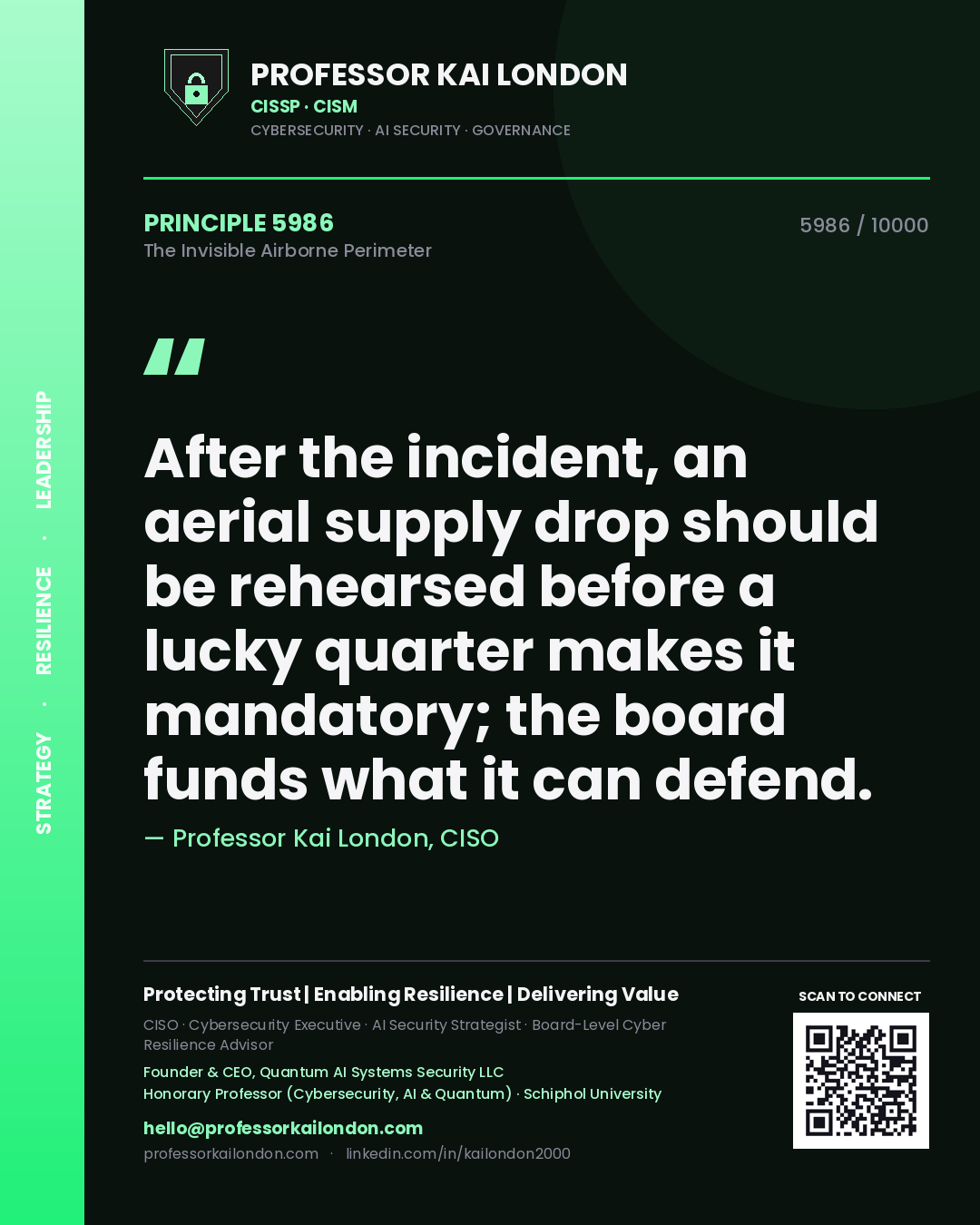 Professor Kai London principle 5986: After the incident, an aerial supply drop should be rehearsed before a lucky quarter makes it mandatory; the board funds what it can defend.