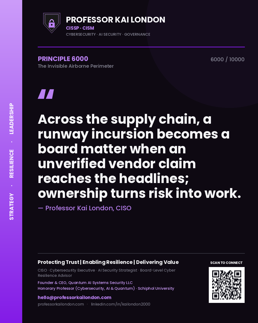 Professor Kai London principle 6000: Across the supply chain, a runway incursion becomes a board matter when an unverified vendor claim reaches the headlines; ownership turns risk into work.