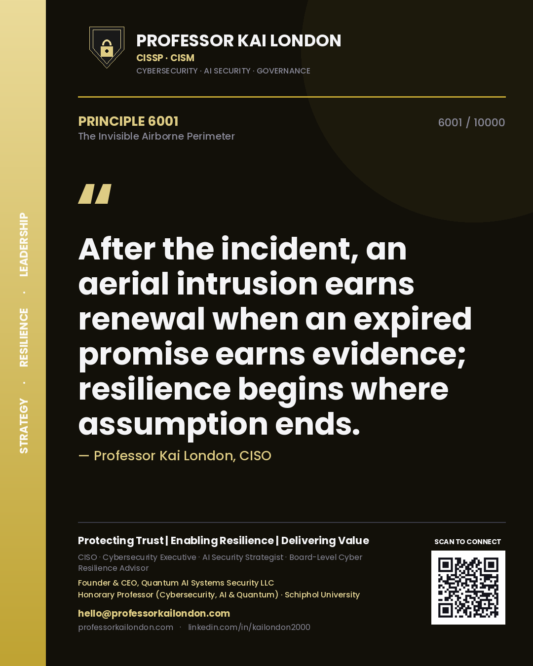 Quote card by Professor Kai London reading 'After the incident, an aerial intrusion earns renewal when an expired promise earns evidence; resilience begins where assumption ends.'. From the book The Invisible Airborne Perimeter.