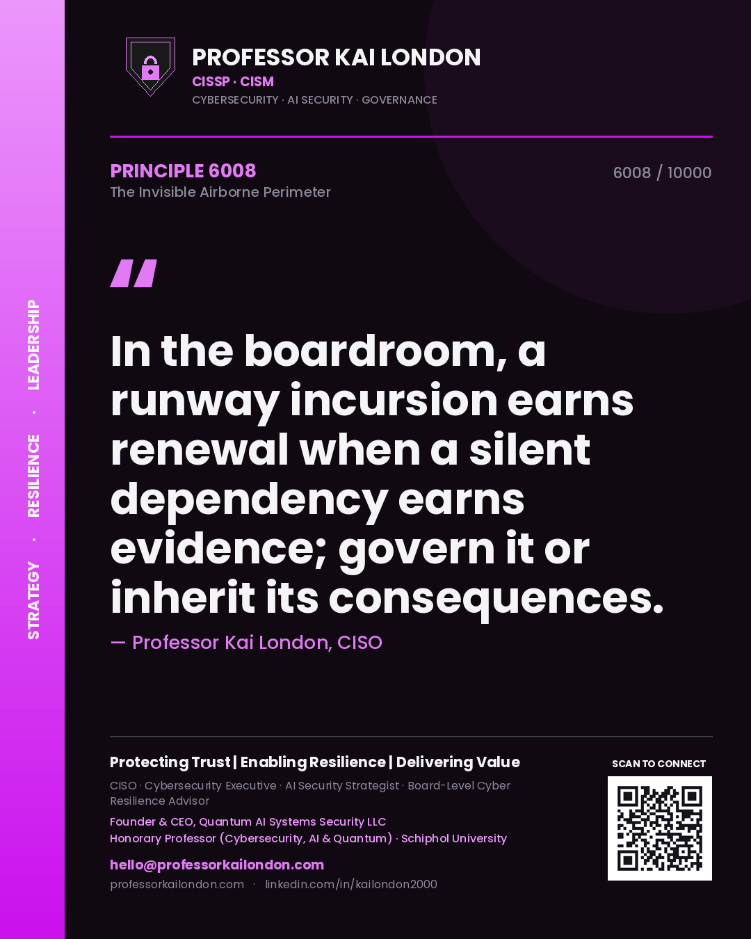 Quote card by Professor Kai London reading 'In the boardroom, a runway incursion earns renewal when a silent dependency earns evidence; govern it or inherit its consequences.'. From the book The Invisible Airborne Perimeter.