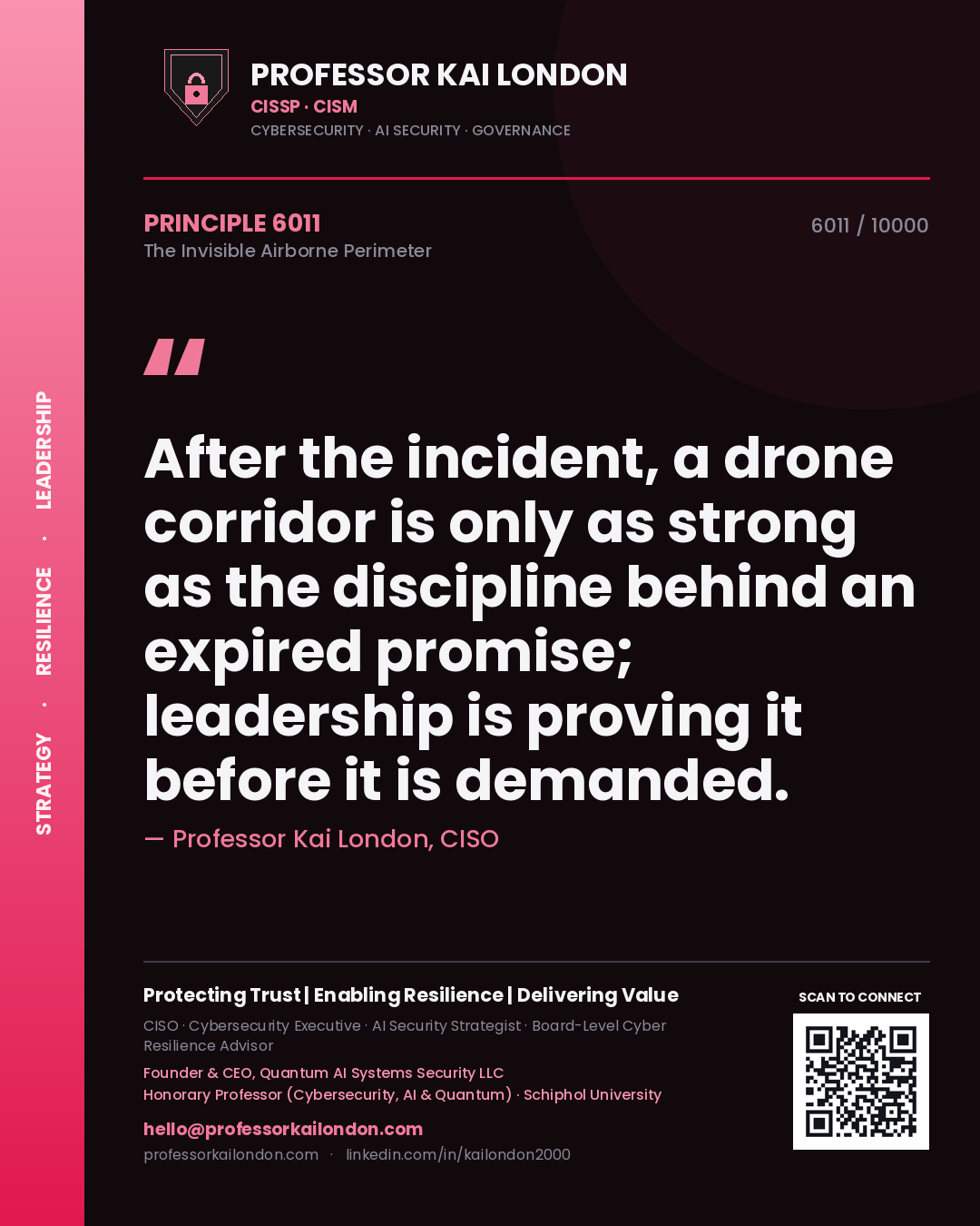 Quote card by Professor Kai London reading 'After the incident, a drone corridor is only as strong as the discipline behind an expired promise; leadership is proving it before it is demanded.'. From the book The Invisible Airborne Perimeter.