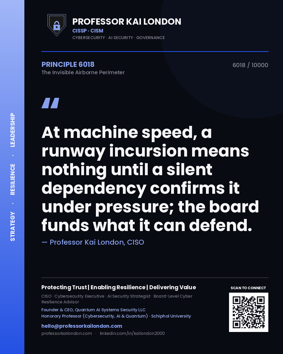 Quote card by Professor Kai London reading 'At machine speed, a runway incursion means nothing until a silent dependency confirms it under pressure; the board funds what it can defend.'. From the book The Invisible Airborne Perimeter.