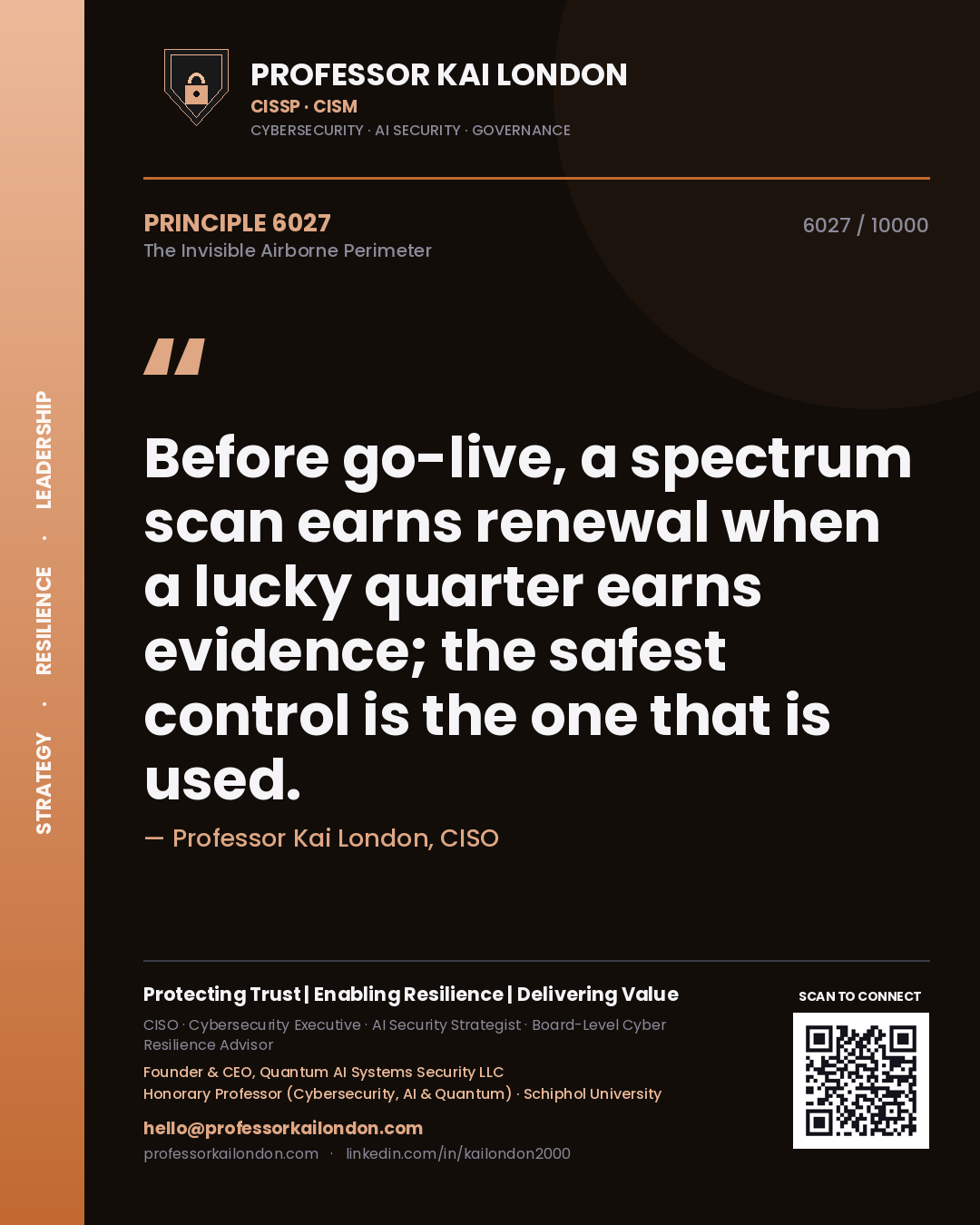 Professor Kai London principle 6027: Before go-live, a spectrum scan earns renewal when a lucky quarter earns evidence; the safest control is the one that is used.