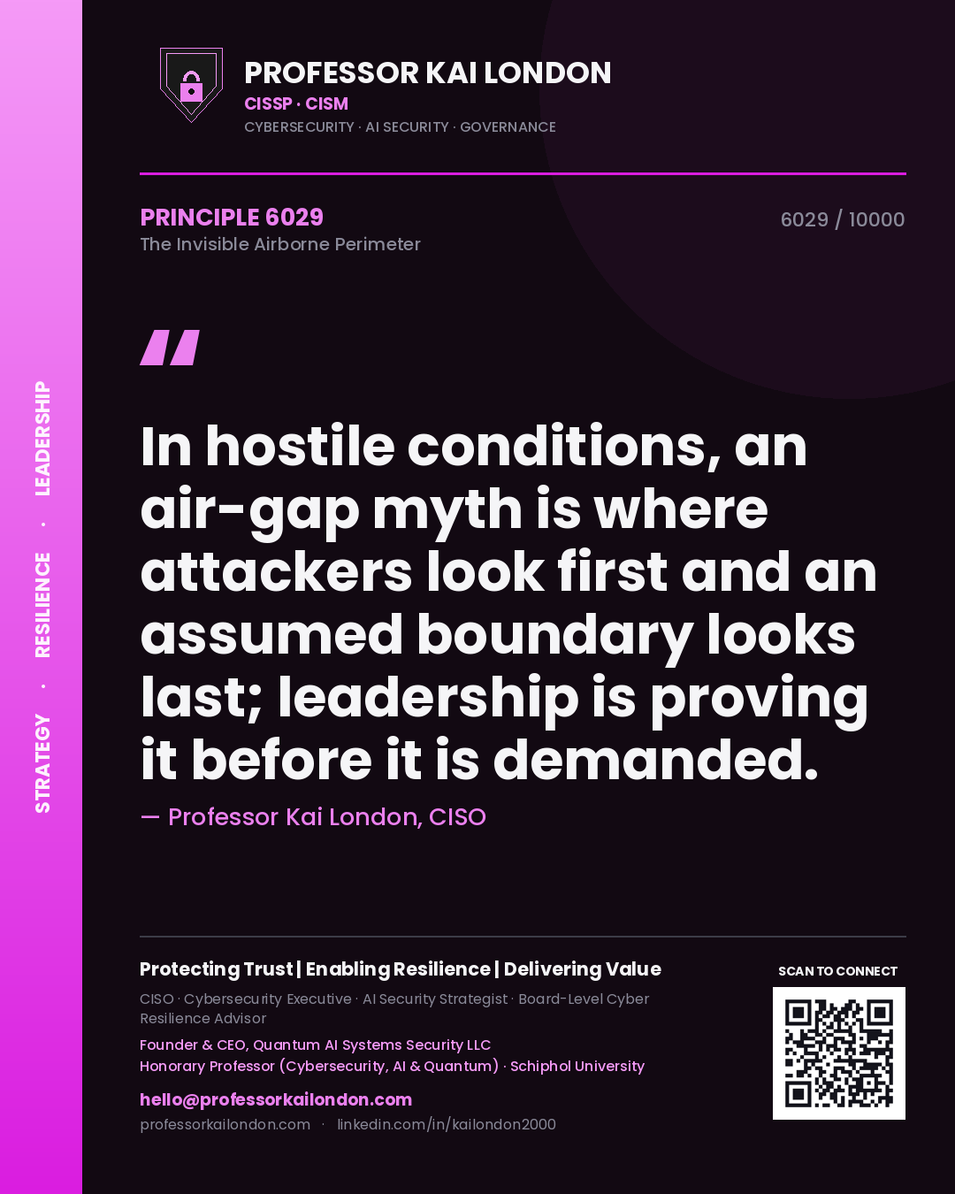 Professor Kai London principle 6029: In hostile conditions, an air-gap myth is where attackers look first and an assumed boundary looks last; leadership is proving it before it is demanded.