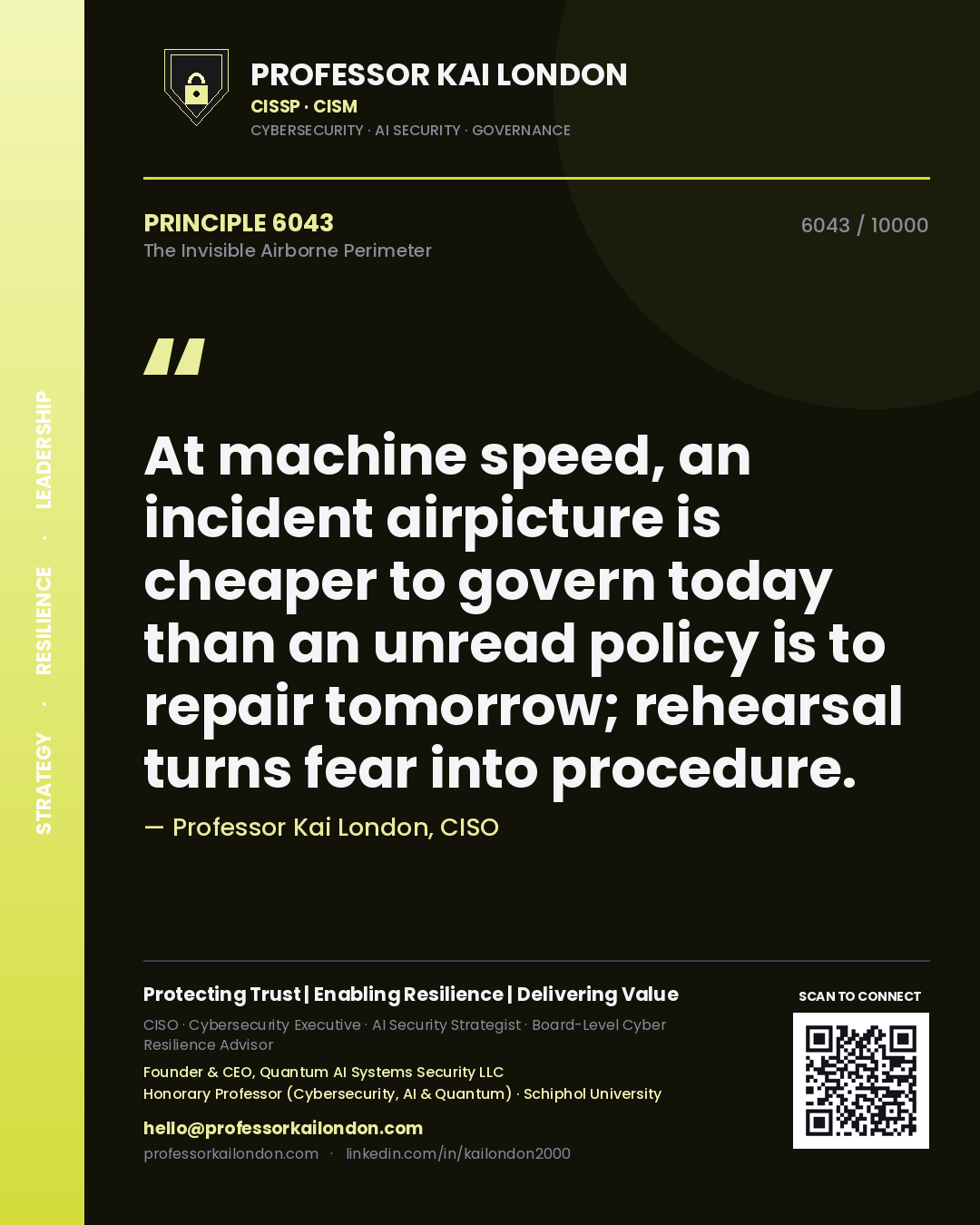 Professor Kai London principle 6043: At machine speed, an incident airpicture is cheaper to govern today than an unread policy is to repair tomorrow; rehearsal turns fear into procedure.