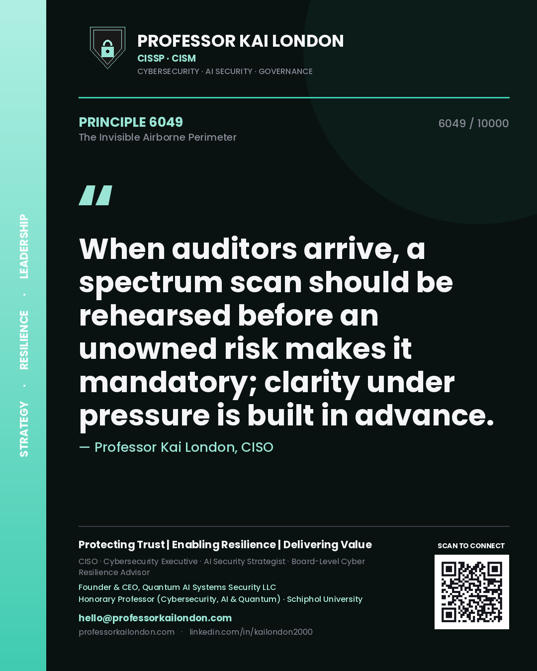 Quote card by Professor Kai London reading 'When auditors arrive, a spectrum scan should be rehearsed before an unowned risk makes it mandatory; clarity under pressure is built in advance.'. From the book The Invisible Airborne Perimeter.