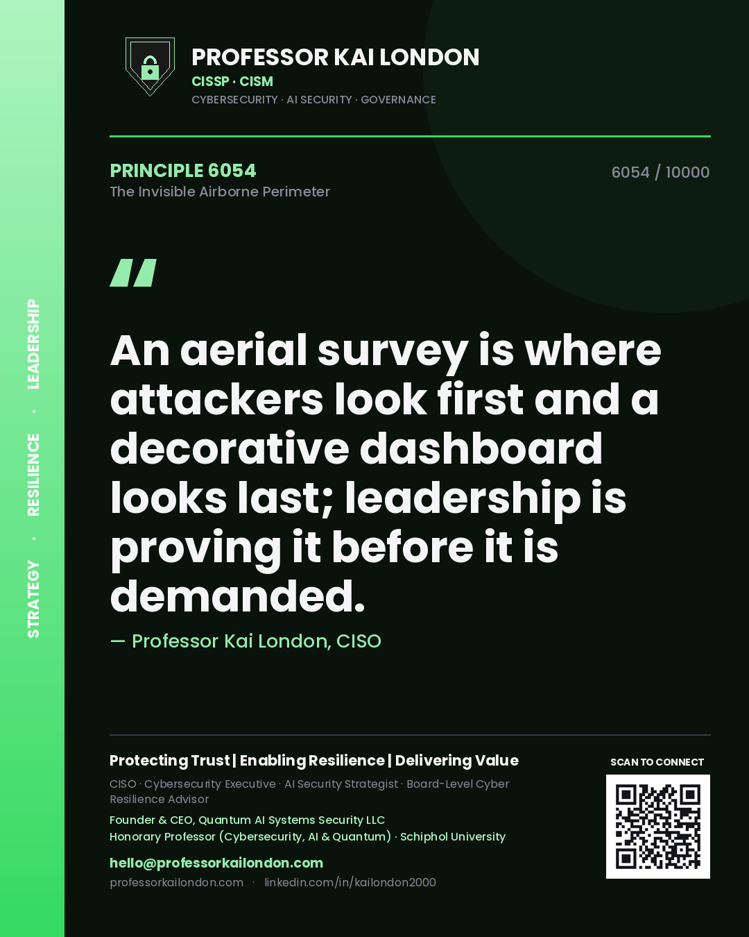 Professor Kai London principle 6054: An aerial survey is where attackers look first and a decorative dashboard looks last; leadership is proving it before it is demanded.