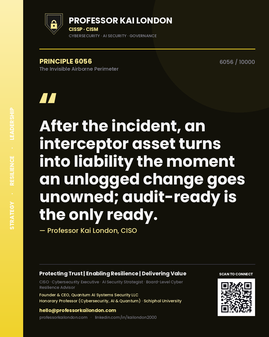 Professor Kai London principle 6056: After the incident, an interceptor asset turns into liability the moment an unlogged change goes unowned; audit-ready is the only ready.