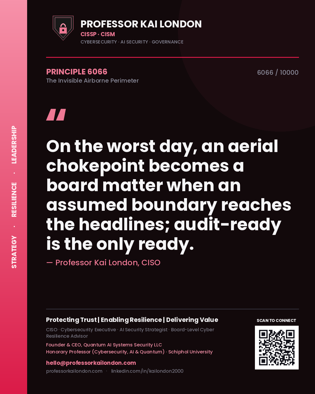 Quote card by Professor Kai London reading 'On the worst day, an aerial chokepoint becomes a board matter when an assumed boundary reaches the headlines; audit-ready is the only ready.'. From the book The Invisible Airborne Perimeter.