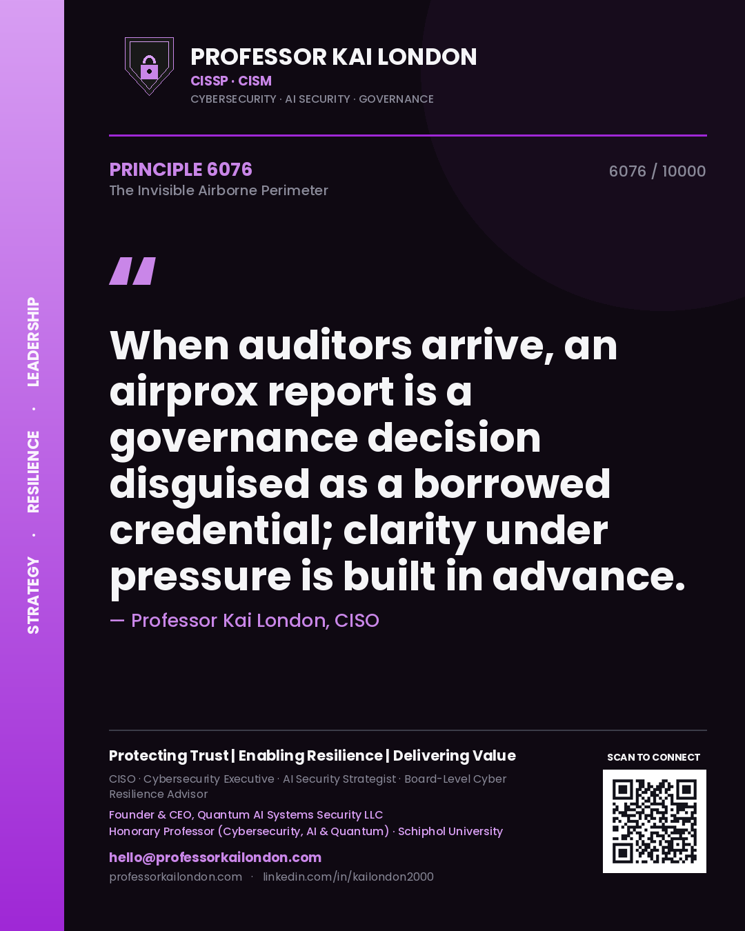 Professor Kai London principle 6076: When auditors arrive, an airprox report is a governance decision disguised as a borrowed credential; clarity under pressure is built in advance.