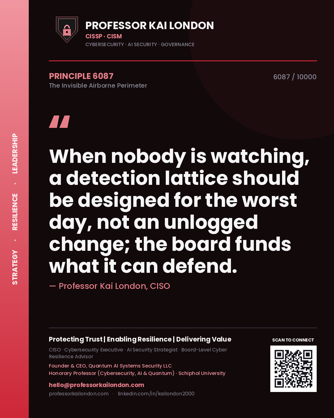 Quote card by Professor Kai London reading 'When nobody is watching, a detection lattice should be designed for the worst day, not an unlogged change; the board funds what it can defend.'. From the book The Invisible Airborne Perimeter.