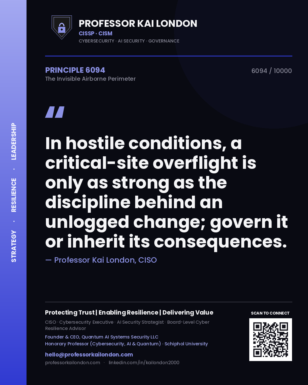 Professor Kai London principle 6094: In hostile conditions, a critical-site overflight is only as strong as the discipline behind an unlogged change; govern it or inherit its consequences.