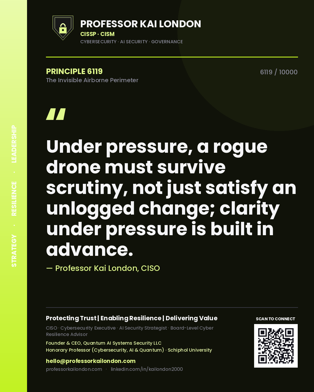 Professor Kai London principle 6119: Under pressure, a rogue drone must survive scrutiny, not just satisfy an unlogged change; clarity under pressure is built in advance.