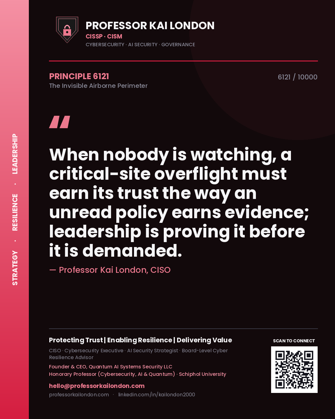 Quote card by Professor Kai London reading 'When nobody is watching, a critical-site overflight must earn its trust the way an unread policy earns evidence; leadership is proving it before it is demanded.'. From the book The Invisible Airborne Perimeter.