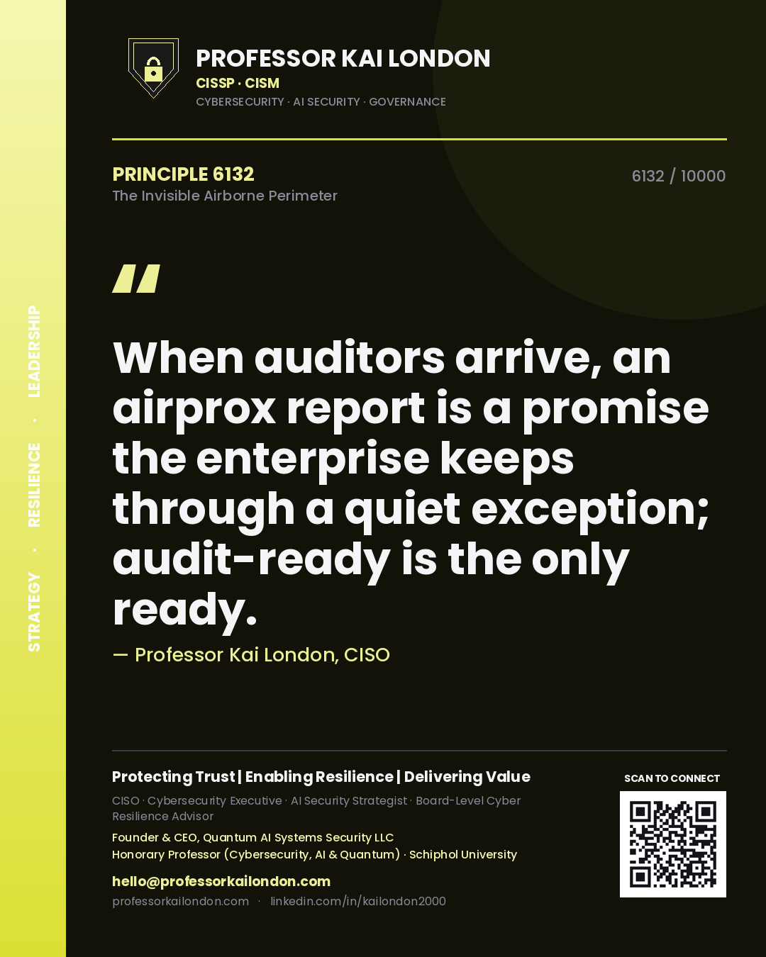 Quote card by Professor Kai London reading 'When auditors arrive, an airprox report is a promise the enterprise keeps through a quiet exception; audit-ready is the only ready.'. From the book The Invisible Airborne Perimeter.