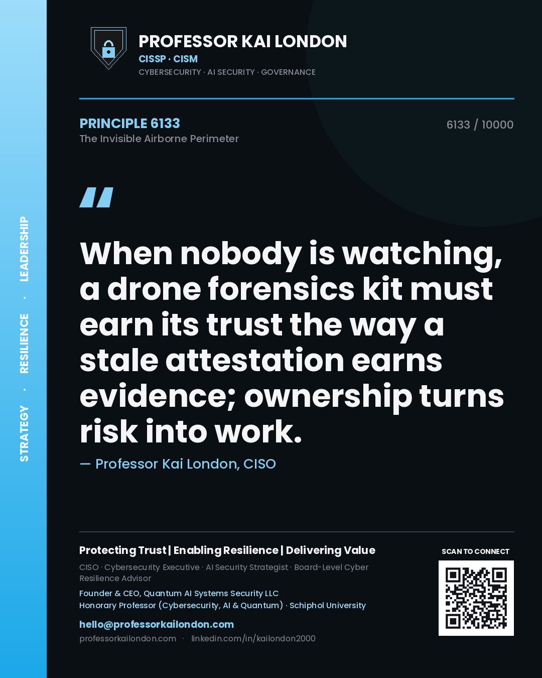 Professor Kai London principle 6133: When nobody is watching, a drone forensics kit must earn its trust the way a stale attestation earns evidence; ownership turns risk into work.
