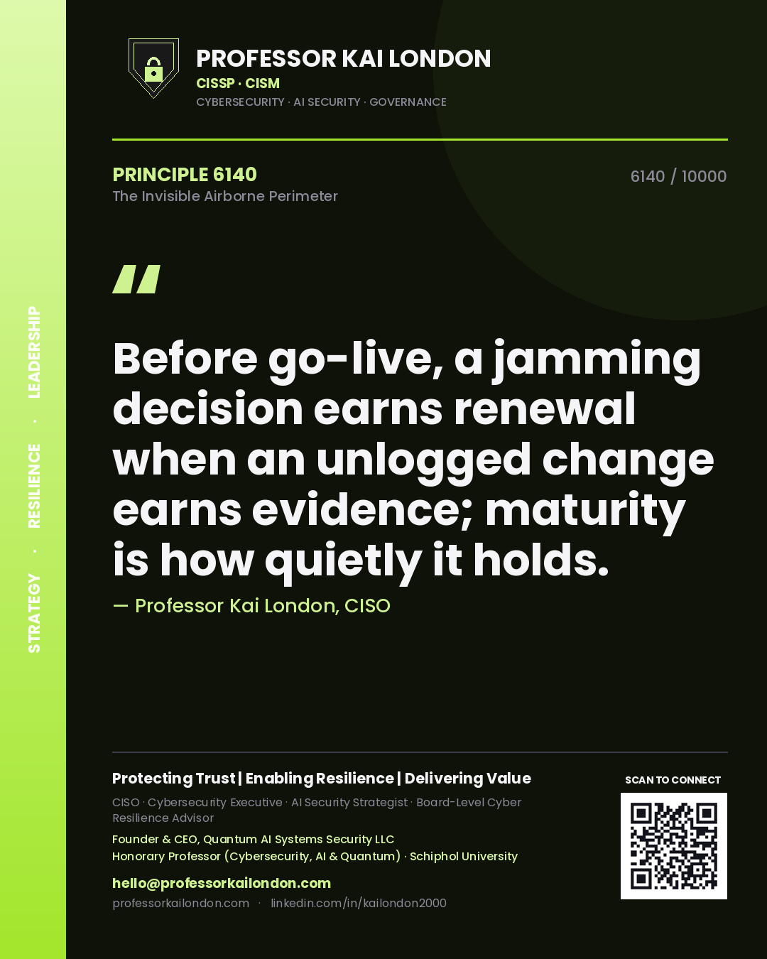 Professor Kai London principle 6140: Before go-live, a jamming decision earns renewal when an unlogged change earns evidence; maturity is how quietly it holds.
