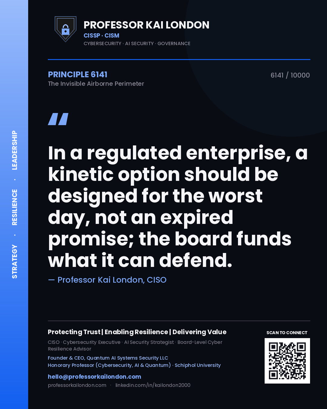 Quote card by Professor Kai London reading 'In a regulated enterprise, a kinetic option should be designed for the worst day, not an expired promise; the board funds what it can defend.'. From the book The Invisible Airborne Perimeter.