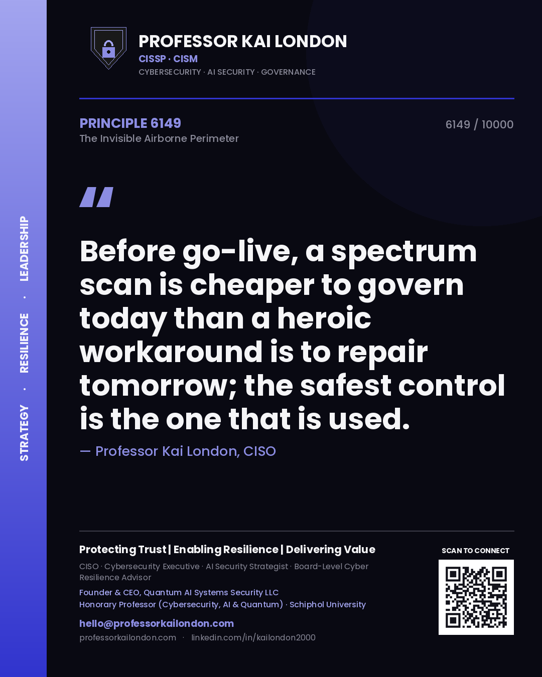 Quote card by Professor Kai London reading 'Before go-live, a spectrum scan is cheaper to govern today than a heroic workaround is to repair tomorrow; the safest control is the one that is used.'. From the book The Invisible Airborne Perimeter.