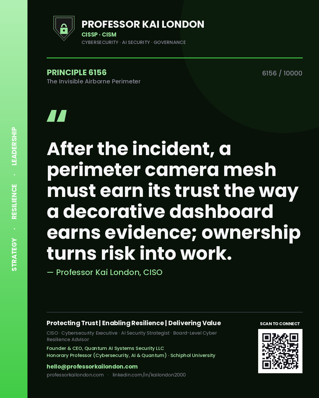 Professor Kai London principle 6156: After the incident, a perimeter camera mesh must earn its trust the way a decorative dashboard earns evidence; ownership turns risk into work.