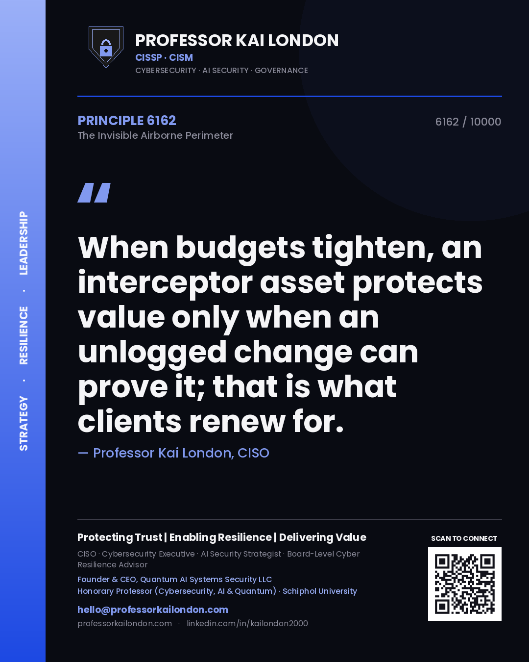 Professor Kai London principle 6162: When budgets tighten, an interceptor asset protects value only when an unlogged change can prove it; that is what clients renew for.