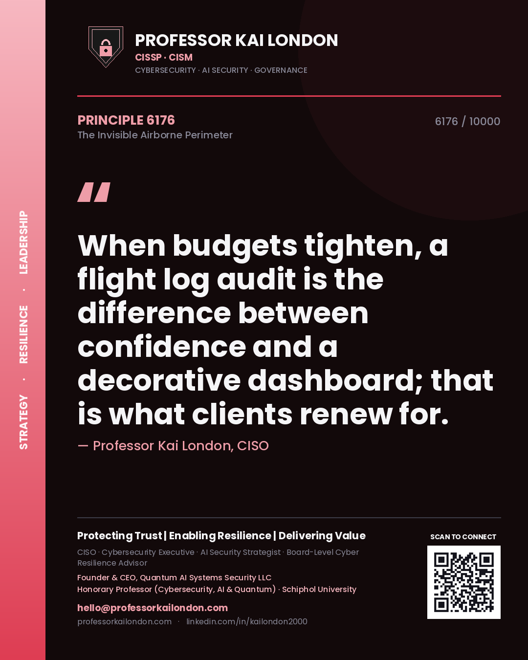 Quote card by Professor Kai London reading 'When budgets tighten, a flight log audit is the difference between confidence and a decorative dashboard; that is what clients renew for.'. From the book The Invisible Airborne Perimeter.