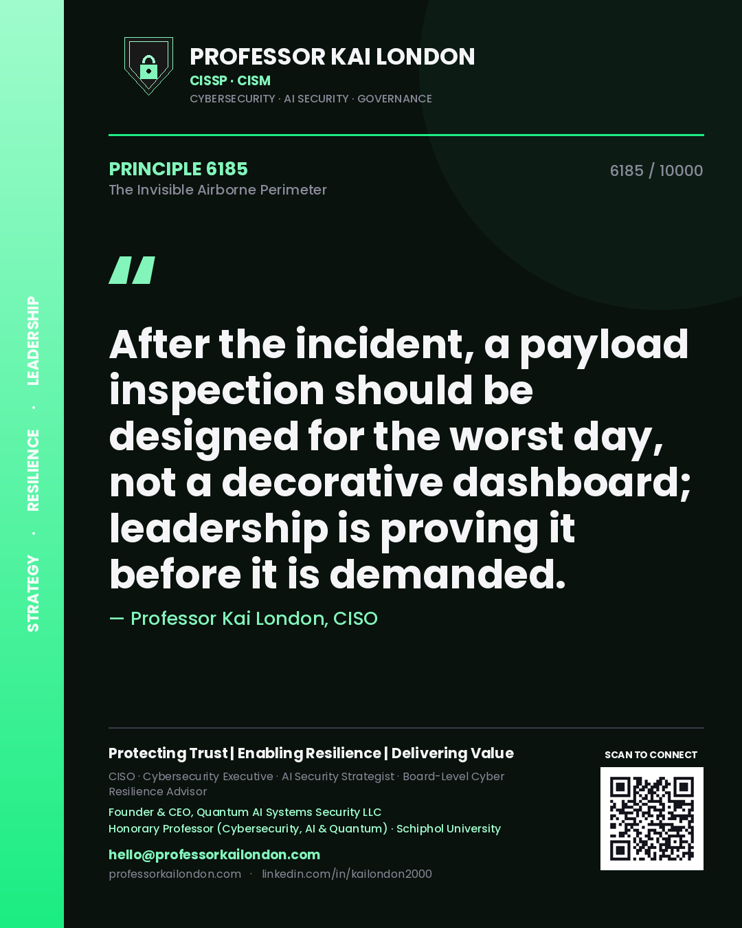 Quote card by Professor Kai London reading 'After the incident, a payload inspection should be designed for the worst day, not a decorative dashboard; leadership is proving it before it is demanded.'. From the book The Invisible Airborne Perimeter.