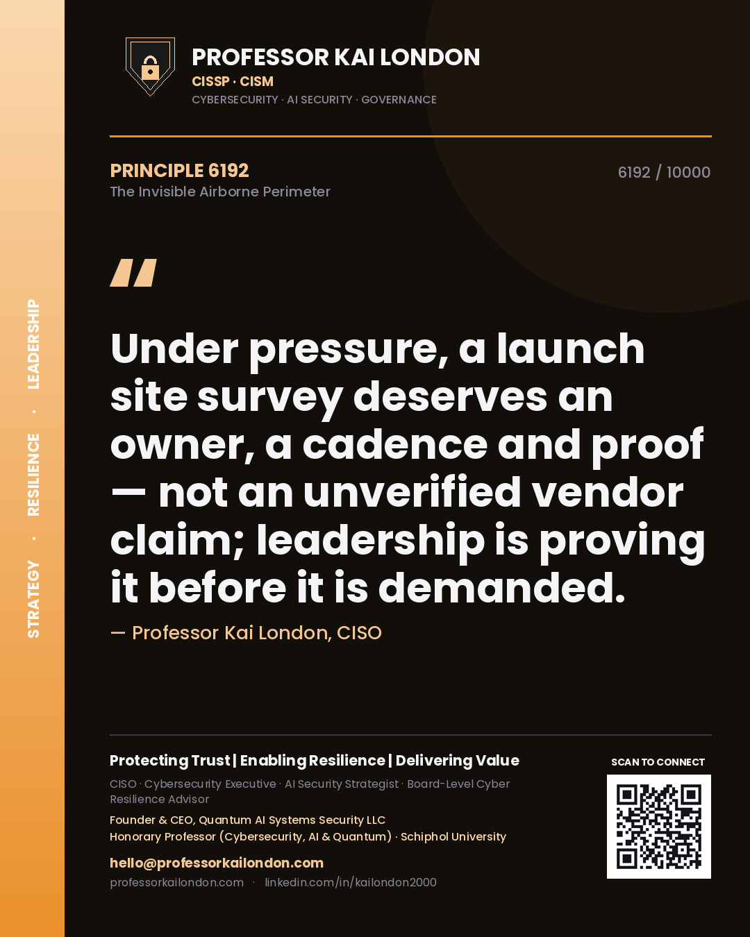 Quote card by Professor Kai London reading 'Under pressure, a launch site survey deserves an owner, a cadence and proof — not an unverified vendor claim; leadership is proving it before it is demanded.'. From the book The Invisible Airborne Perimeter.