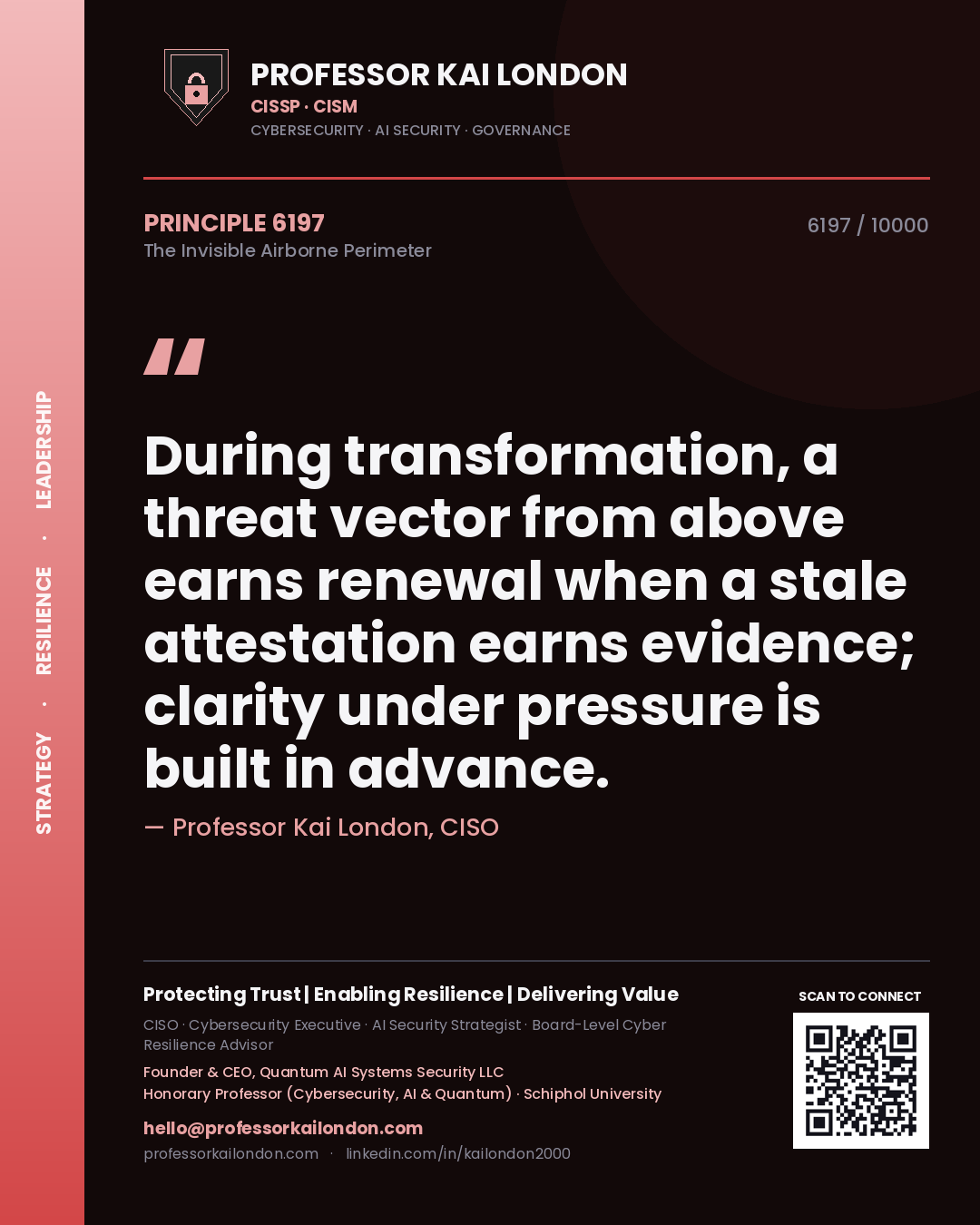 Quote card by Professor Kai London reading 'During transformation, a threat vector from above earns renewal when a stale attestation earns evidence; clarity under pressure is built in advance.'. From the book The Invisible Airborne Perimeter.
