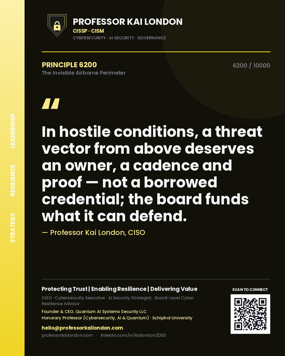 Quote card by Professor Kai London reading 'In hostile conditions, a threat vector from above deserves an owner, a cadence and proof — not a borrowed credential; the board funds what it can defend.'. From the book The Invisible Airborne Perimeter.