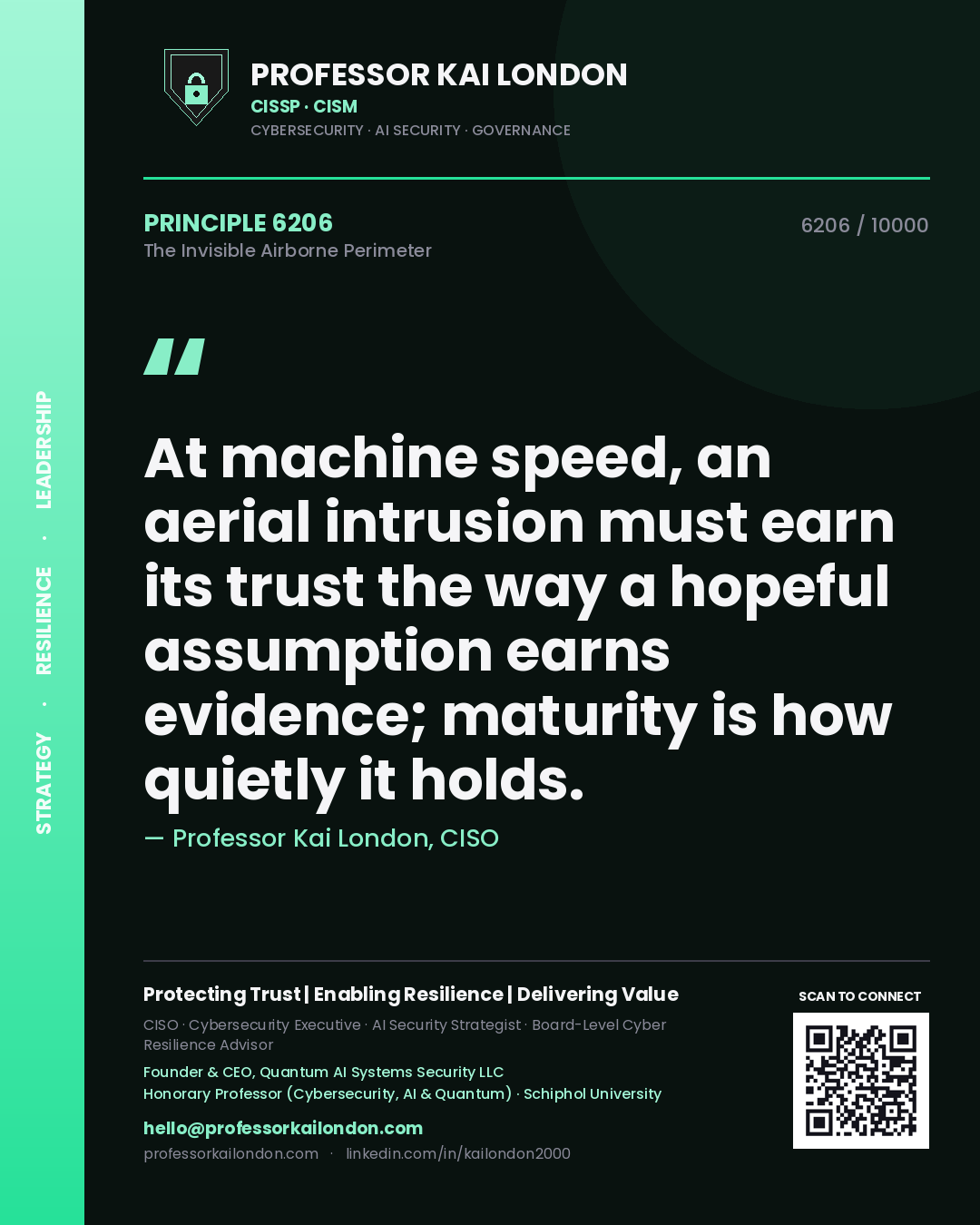 Quote card by Professor Kai London reading 'At machine speed, an aerial intrusion must earn its trust the way a hopeful assumption earns evidence; maturity is how quietly it holds.'. From the book The Invisible Airborne Perimeter.