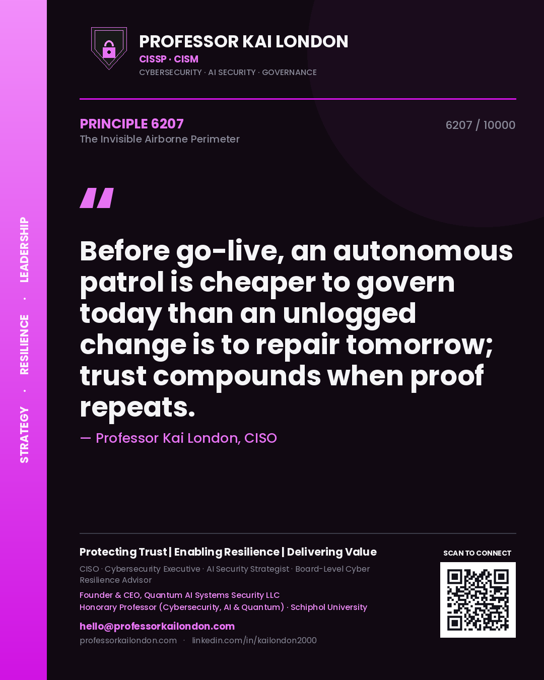 Quote card by Professor Kai London reading 'Before go-live, an autonomous patrol is cheaper to govern today than an unlogged change is to repair tomorrow; trust compounds when proof repeats.'. From the book The Invisible Airborne Perimeter.