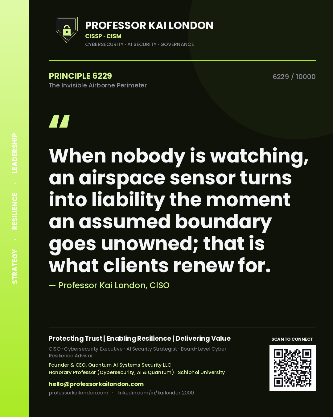 Professor Kai London principle 6229: When nobody is watching, an airspace sensor turns into liability the moment an assumed boundary goes unowned; that is what clients renew for.