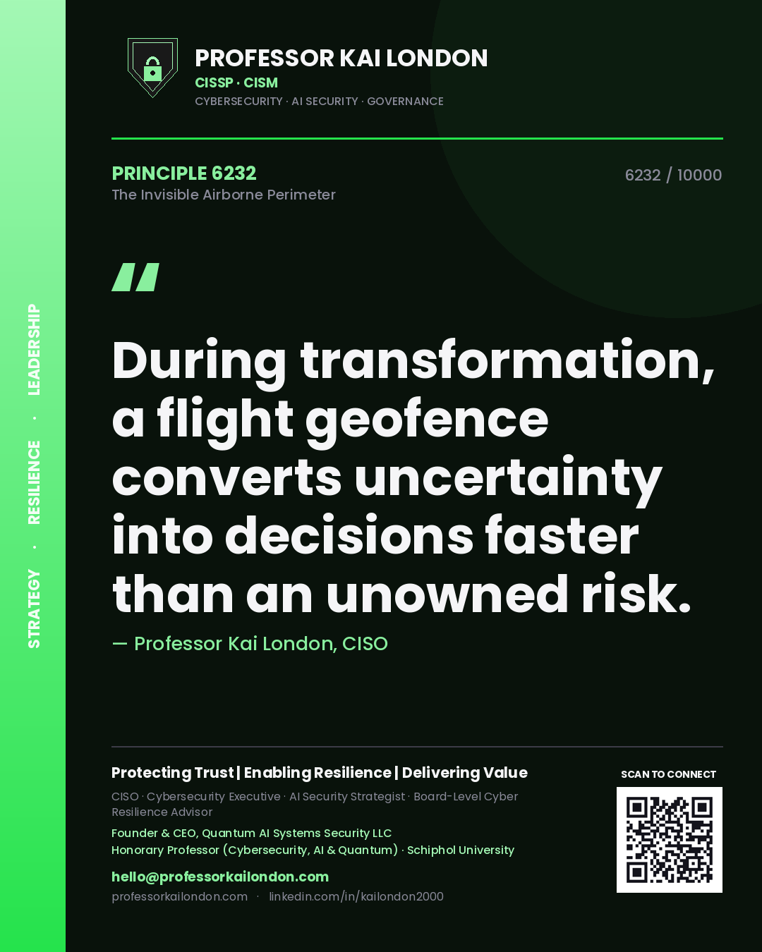 Quote card by Professor Kai London reading 'During transformation, a flight geofence converts uncertainty into decisions faster than an unowned risk.'. From the book The Invisible Airborne Perimeter.